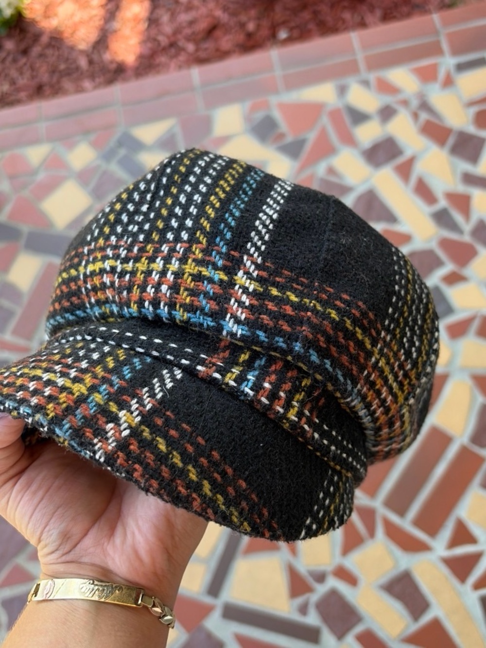 Black Plaid newspaper Boy Cap with Multicolor Accents - Unbranded